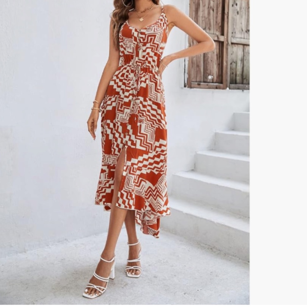 Casual Boho Sundress Polka Dot Spaghetti Strap V Neck Flowy Midi Dresses